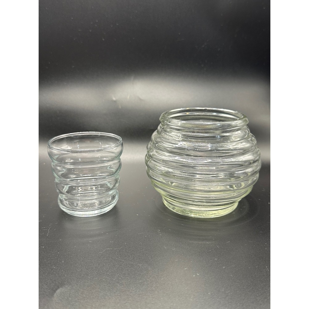 Vintage signed Clear Glass Beehive Ribbed Votive Holder & Glass Set